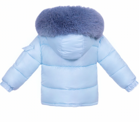 Baby Boys Blue Puffer Coat With Faux Fur Detailing on the Hood