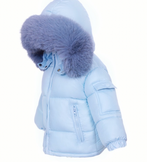 Baby Boys Blue Puffer Coat With Faux Fur Detailing on the Hood