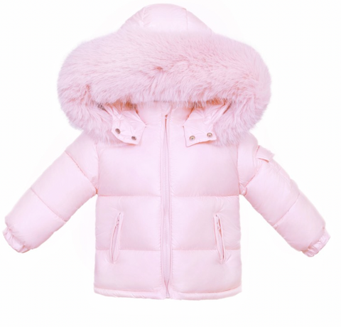 Baby Girls Pink Puffer Coat With Faux Fur