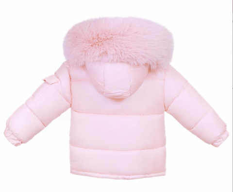 Baby Girls Pink Puffer Coat With Faux Fur