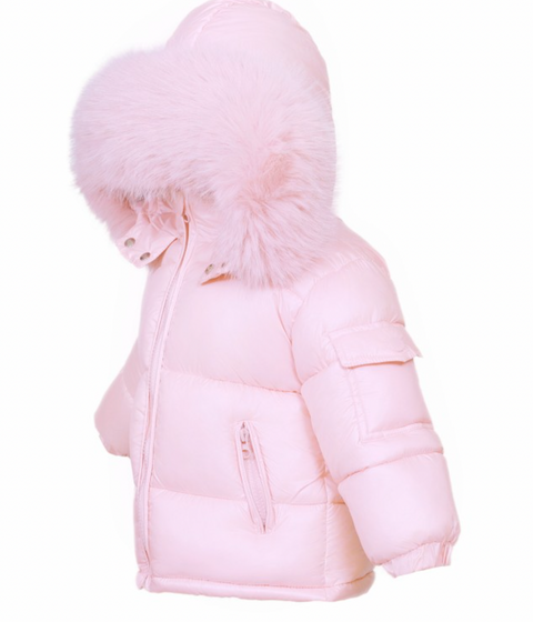 Baby Girls Pink Puffer Coat With Faux Fur
