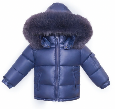 Baby Boys Navy Puffer Coat With Faux Fur Detailing on the Hood