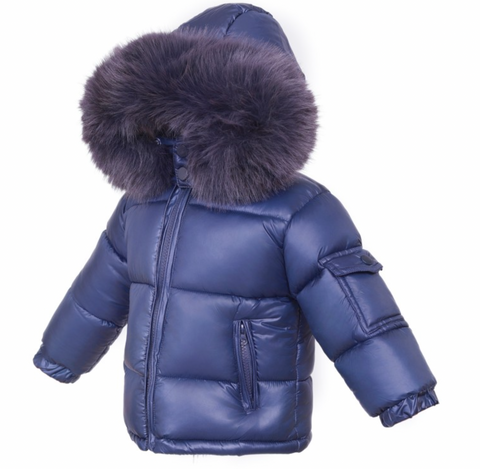 Baby Boys Navy Puffer Coat With Faux Fur Detailing on the Hood