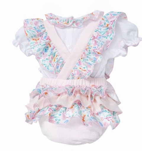 Baby Girl Pink Floral Waffle Frilly Bottom Romper with Shirt