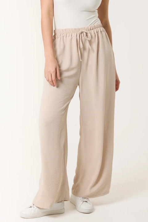 Ladies Beige Elastic Waist Wide Leg Trousers