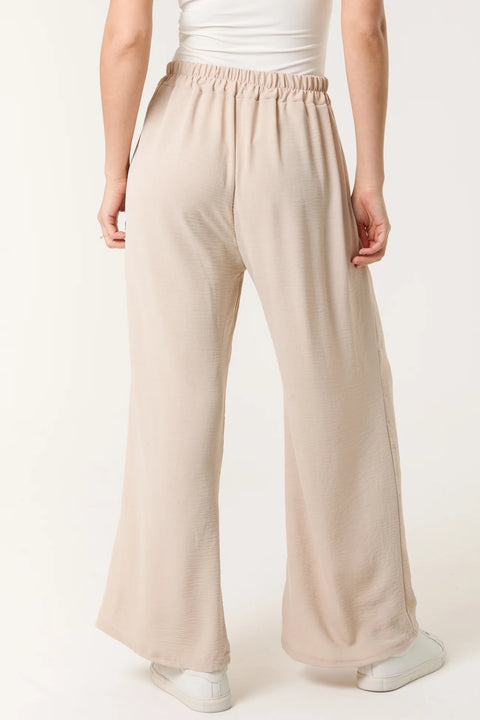 Ladies Beige Elastic Waist Wide Leg Trousers