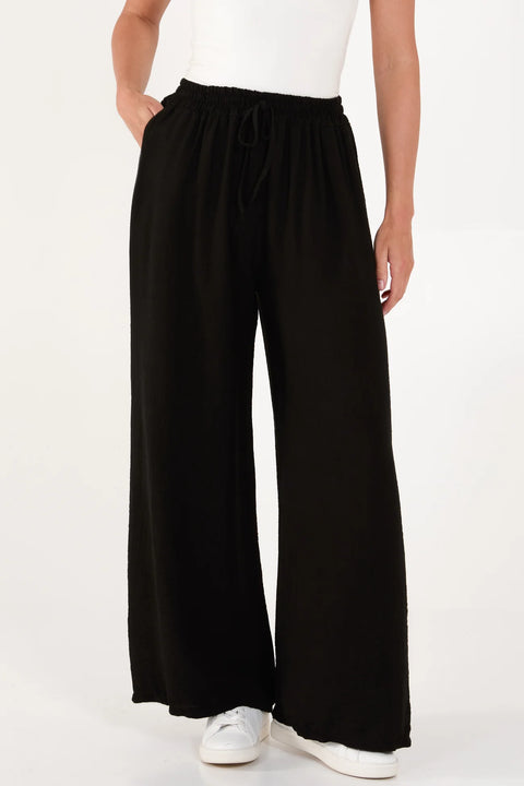 Ladies Black Elastic Waist Wide Leg Trousers