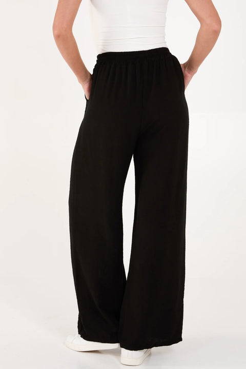 Ladies Black Elastic Waist Wide Leg Trousers