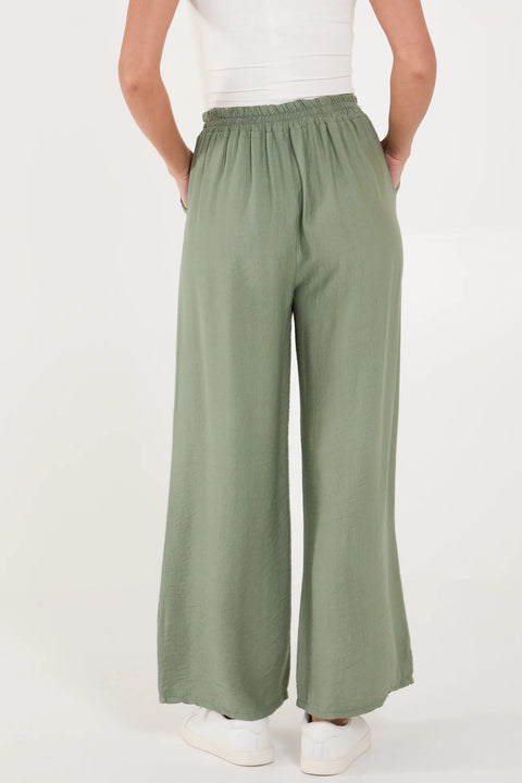 Ladies Khaki Elastic Waist Wide Leg Trousers