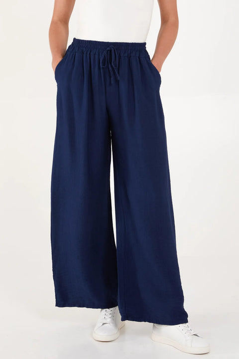 Ladies Navy Blue Elastic Waist Wide Leg Trousers