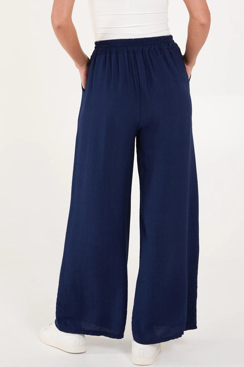 Ladies Navy Blue Elastic Waist Wide Leg Trousers