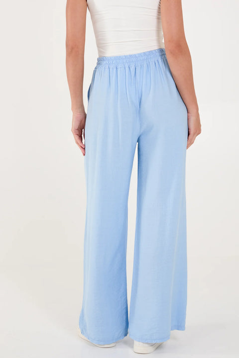 Ladies Pale Blue Elastic Waist Wide Leg Trousers
