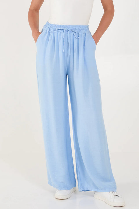 Ladies Pale Blue Elastic Waist Wide Leg Trousers