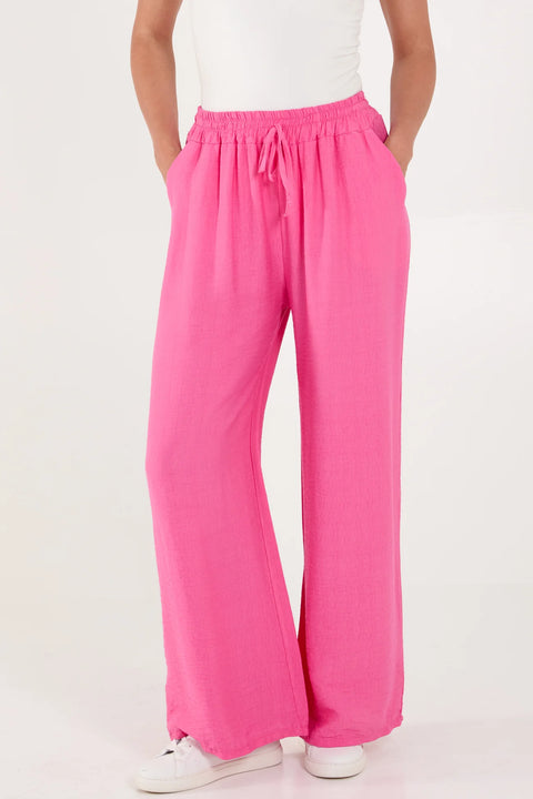 Ladies Hot Pink Elastic Waist Wide Leg Trousers