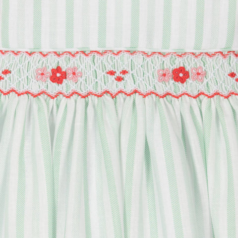 Pretty Originals Girls Green Stripped Smocked Dress
