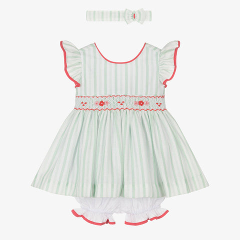 Pretty Originals Girls Green Stripped Smocked Dress